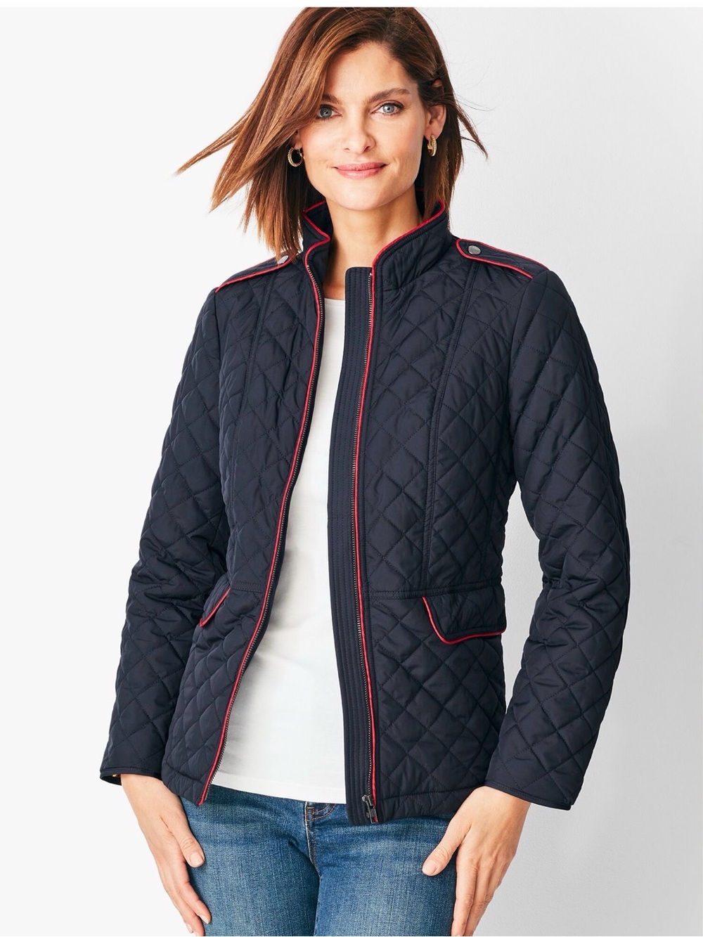 Talbots Navy QUILTED MILITARY COAT with Red Trim